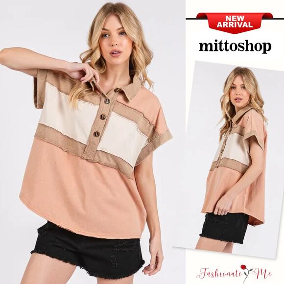 Mittoshop Mineral Washed Color Block Half Button Short Sleeves Top | Apricot - Picture 1 of 5